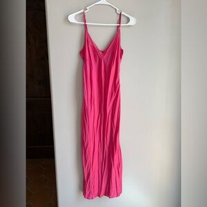 August Silk Hot Pink Slip Dress Size S Y2K Barbiecore Satin Maxi Minimalist